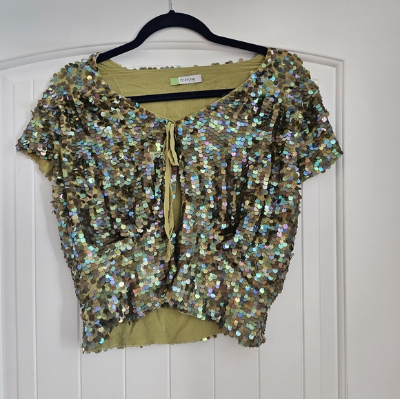 green sequin citrine brand short sleeve tie top - Picture 2 of 3